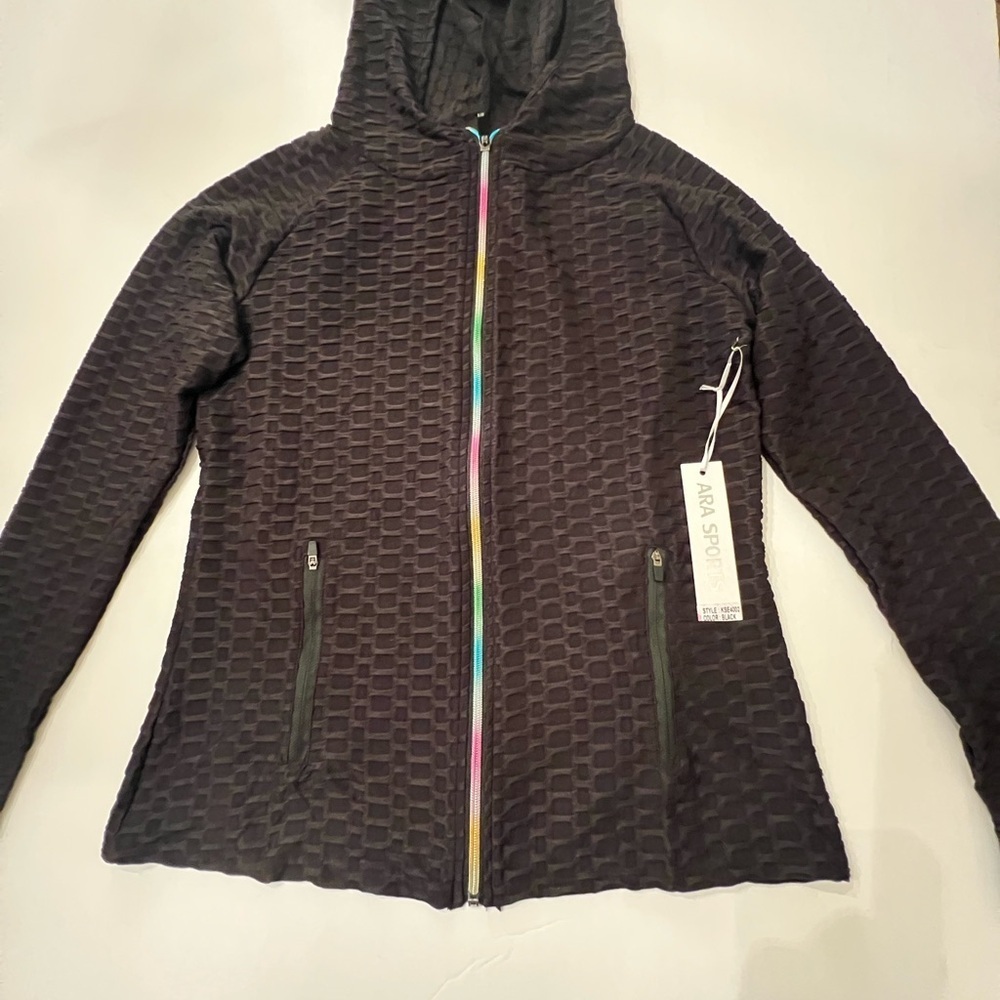 ARA SPORTS BLACK HONEYCOMB PASTEL RAINBOW ZIP FRONT HOODIE. SIZE LARGE